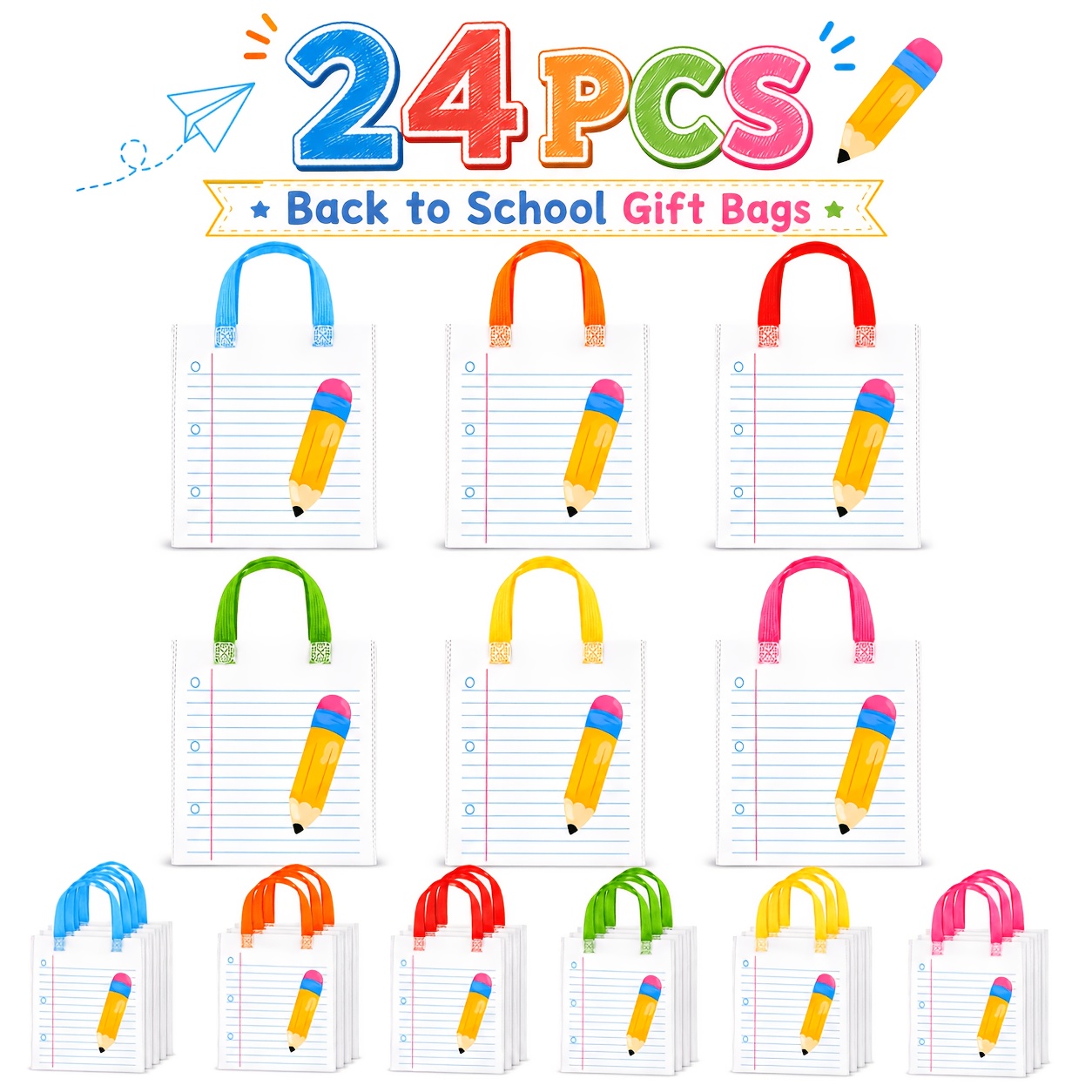 TEMU Gift For Her/him 24pcs Back-to-school Gift Bags, Teacher Gift Bags, Bulk School Gift Bags With Handles, Pencils And Notebooks, Line Drawings,