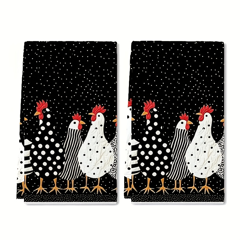 TEMU Black Background White Polka Dots Chickens Pattern Printed Kitchen Towels, Cleaning Cloths, Neighbor Gifts, Mom Gifts, Birthday Gifts, Sweet