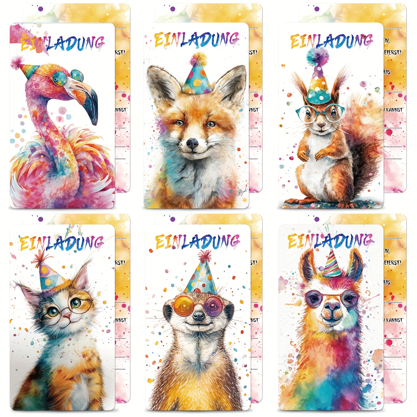 E-shop 12 Aquarell Tier Party Einladungskarten , mit einem Set Geburtstagsparty Einladungen mit Cartoon Tieren wie Füchsen, Flamingos, Eichhörnchen,
