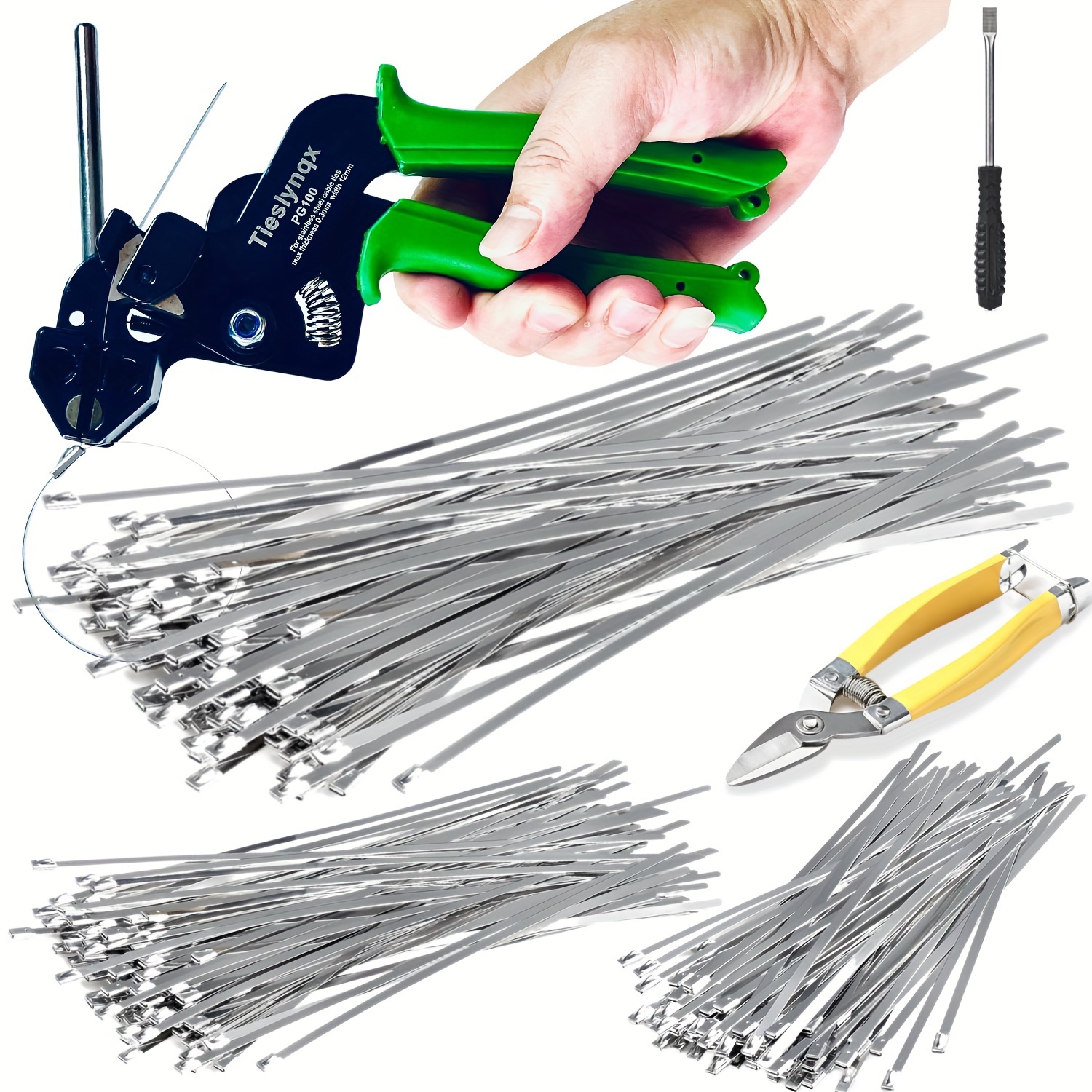 

A Professional Tool Kit For Fastening And Cutting Stainless Steel Cable Ties, With 150 Pieces Of Uv-resistant Heavy-duty Golden Metal Zip Ties And Industrial Scissors.