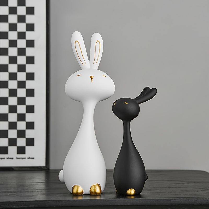 

2pcs Anime-inspired Resin Bunny Statue Set, Black And Figurines For Home Decor, Indoor Use, Ideal For Christmas, Halloween, Easter, Hanukkah, Thanksgiving - Gift For Any