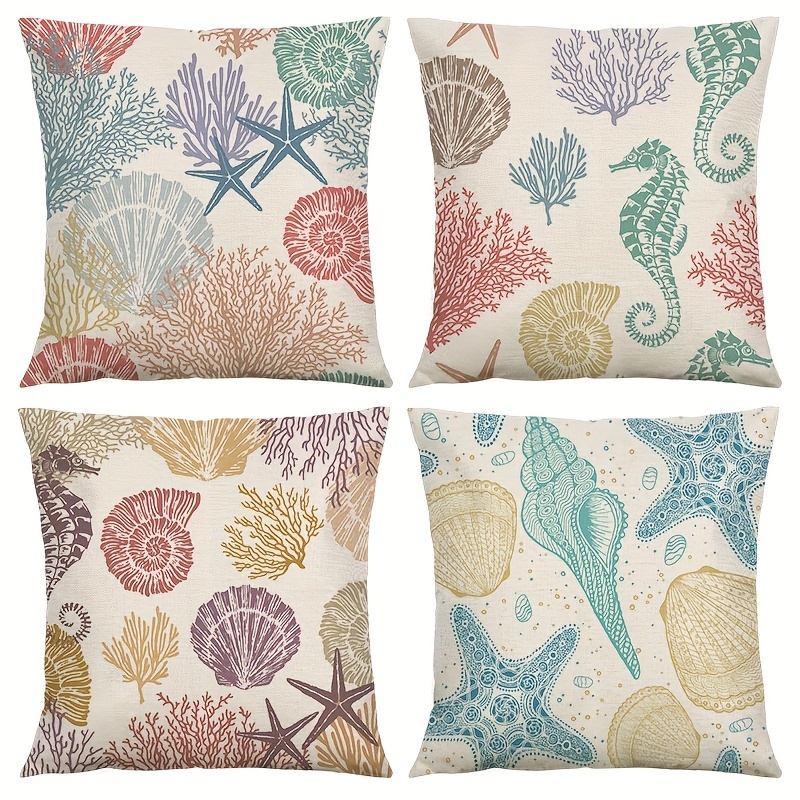 TEMU 4 Pezzi Cuscino Vita Marina, Copricuscino per Soggiorno da Letto, Copricuscino in Lino, 4 Pezzi 45x45cm 18x18 Pollici