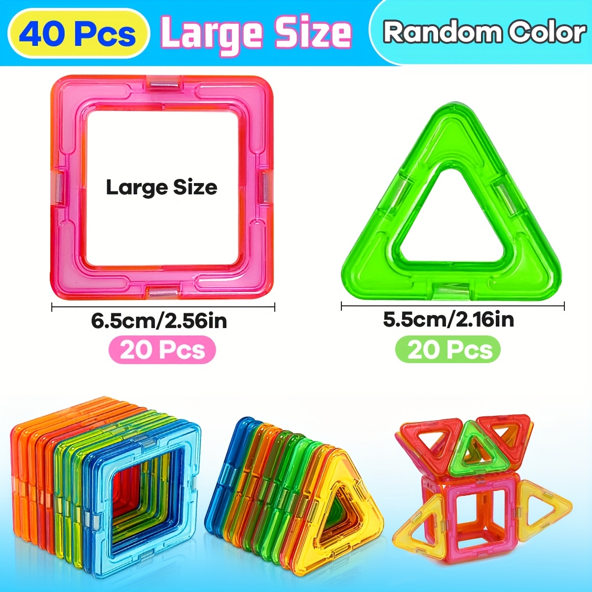 Image of 40pcs Magnetic Building Blocks Stacking Toy Large Size Sensory Educational Toys Family Interactive Game, Cultivating Children's , Suitable As A Christmas And Halloween Gift Random Color/style