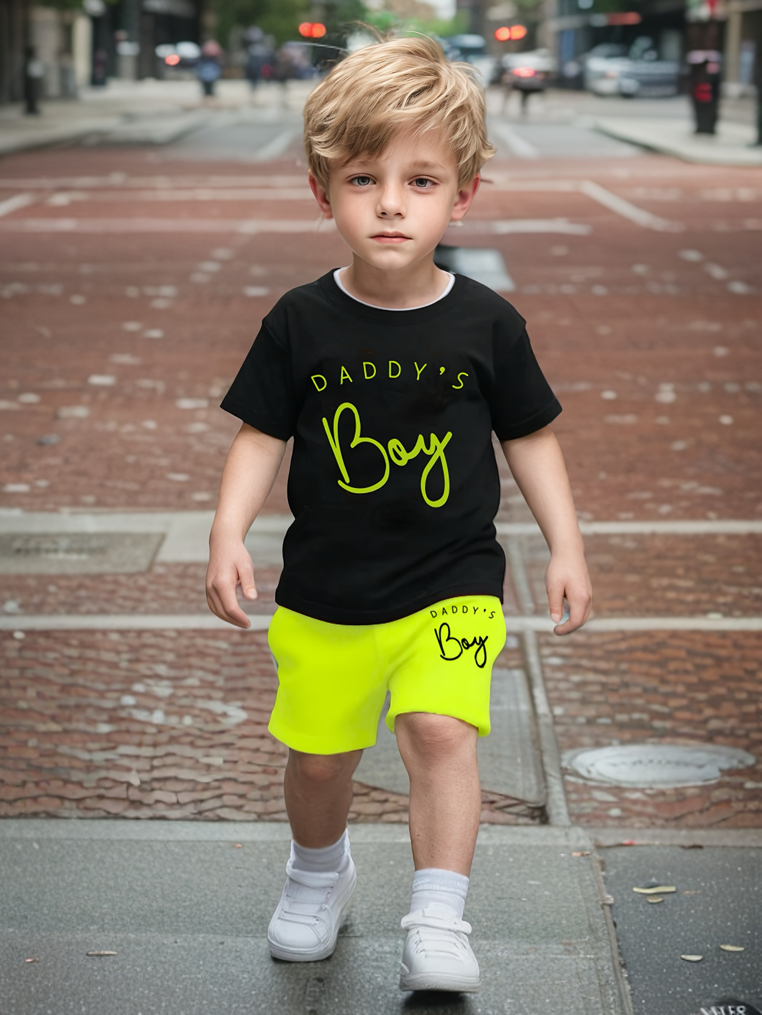 2pcs Summer Outdoors Boys' Casual Letter Print T-Shirt and Shorts Set, Daddy'S Boy, Soft Knit Polyester with Slight Stretch, Short Sleeve, Crew Neck, for Boys, for Outdoor