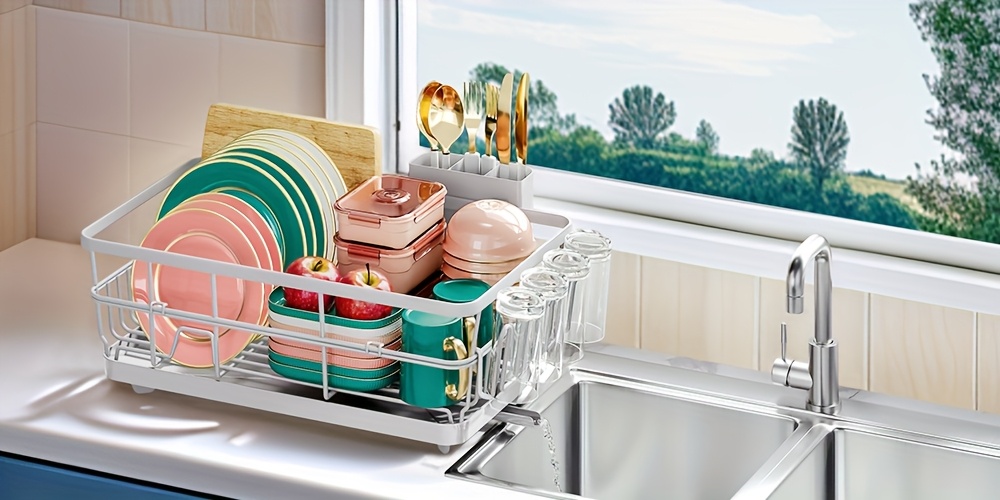   large metal dish drying rack for kitchen counter sink space saving dish drainer with drain board cup holder cutlery organizer plates bowls utensils storage Product details 3