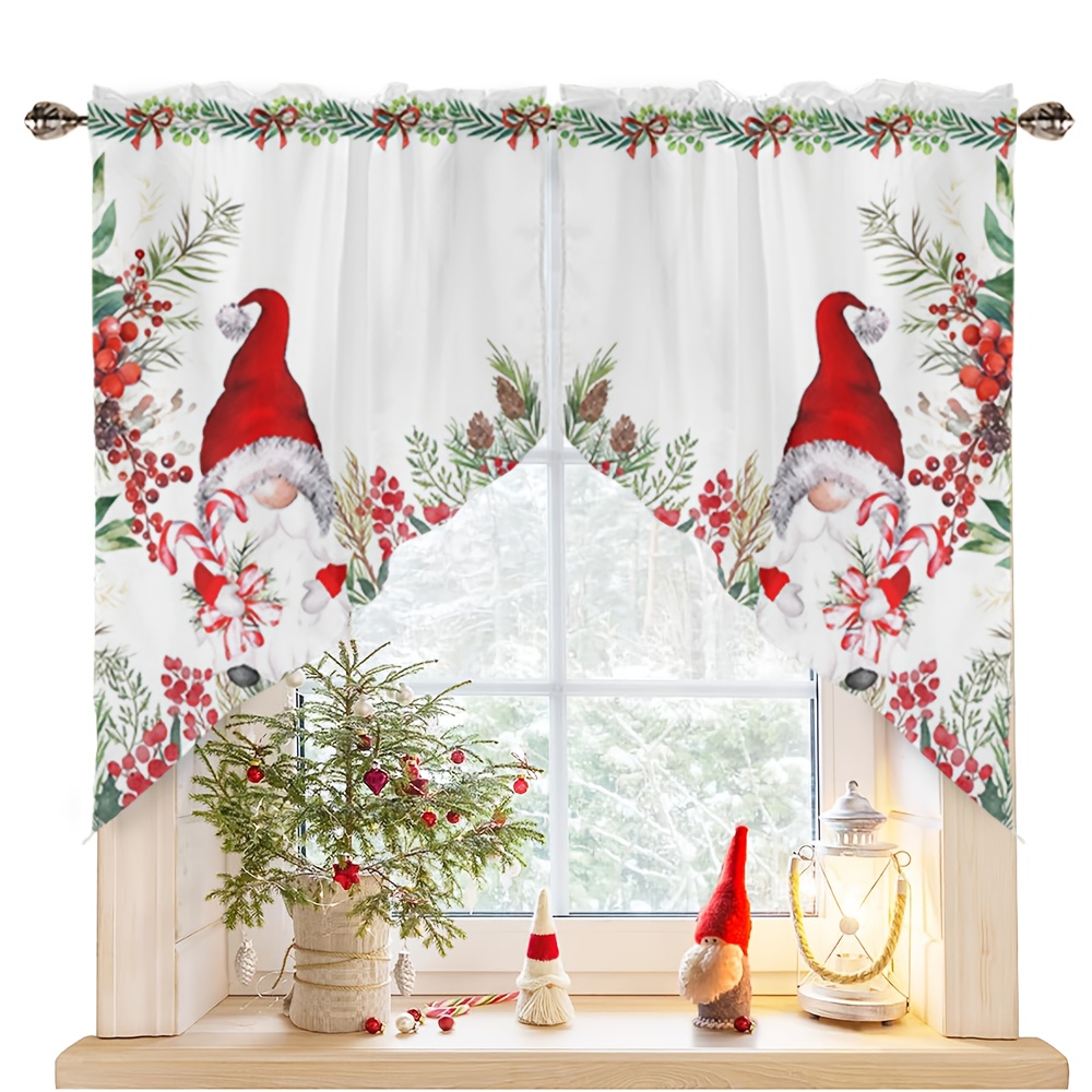 TEMU Deux rideaux triangulaires en polyester lavables en machine, avec un motif sur le thème de Noël avec Père Noël, des branches de pin et des ,