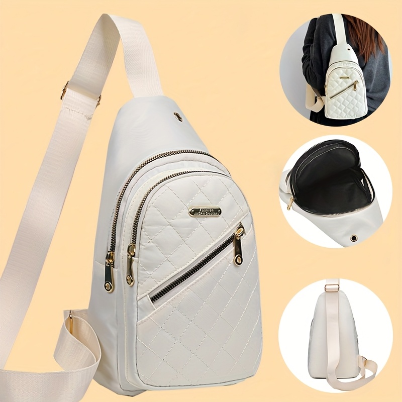 

Elegant White Quilted Nylon Sling Backpack For Women - Adjustable Strap, Dual Zip Compartments, Casual Crossbody Chest Bag With Golden-tone Accents, Travel Backpack