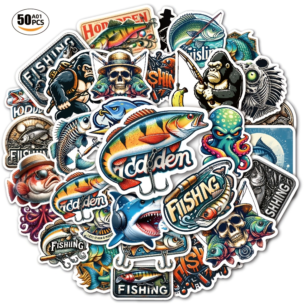 

50pcs Waterproof Fishing & Stickers - Pvc Decals For Helmets, Laptops, Phones, And More