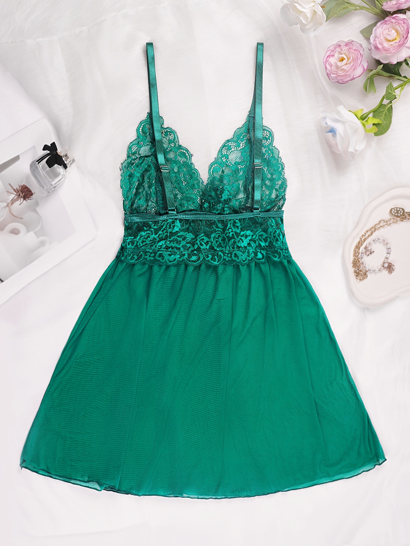 Lace & Mesh Open Back Babydoll - Garden Green