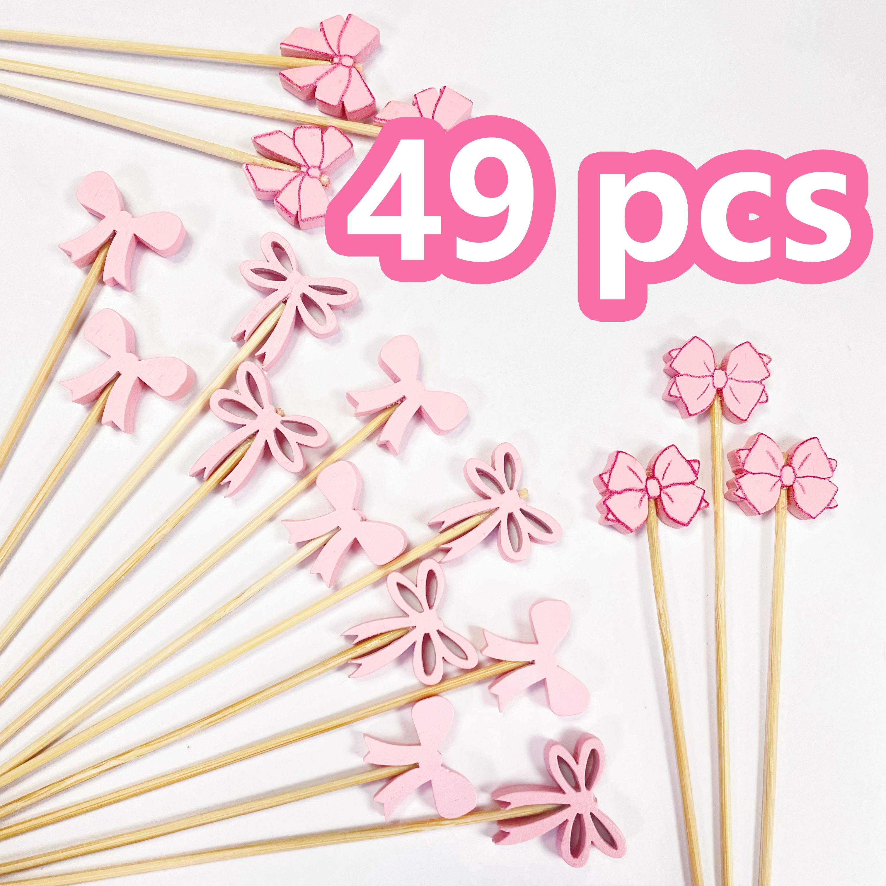Image of 49/99pcs Pink Bow Picks, Bamboo Toothpicks Cupcake Toppers For Appetizers, Christmas Thanksgiving Decorative Sticks Food Sandwich Appetizer Charcuterie Bamboo Skewers Daily And Party Supplies