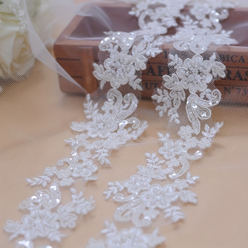 

White Beaded Lace Trim, 2.36" Wide Embroidery Applique For Wedding Dresses And Sewing Crafts