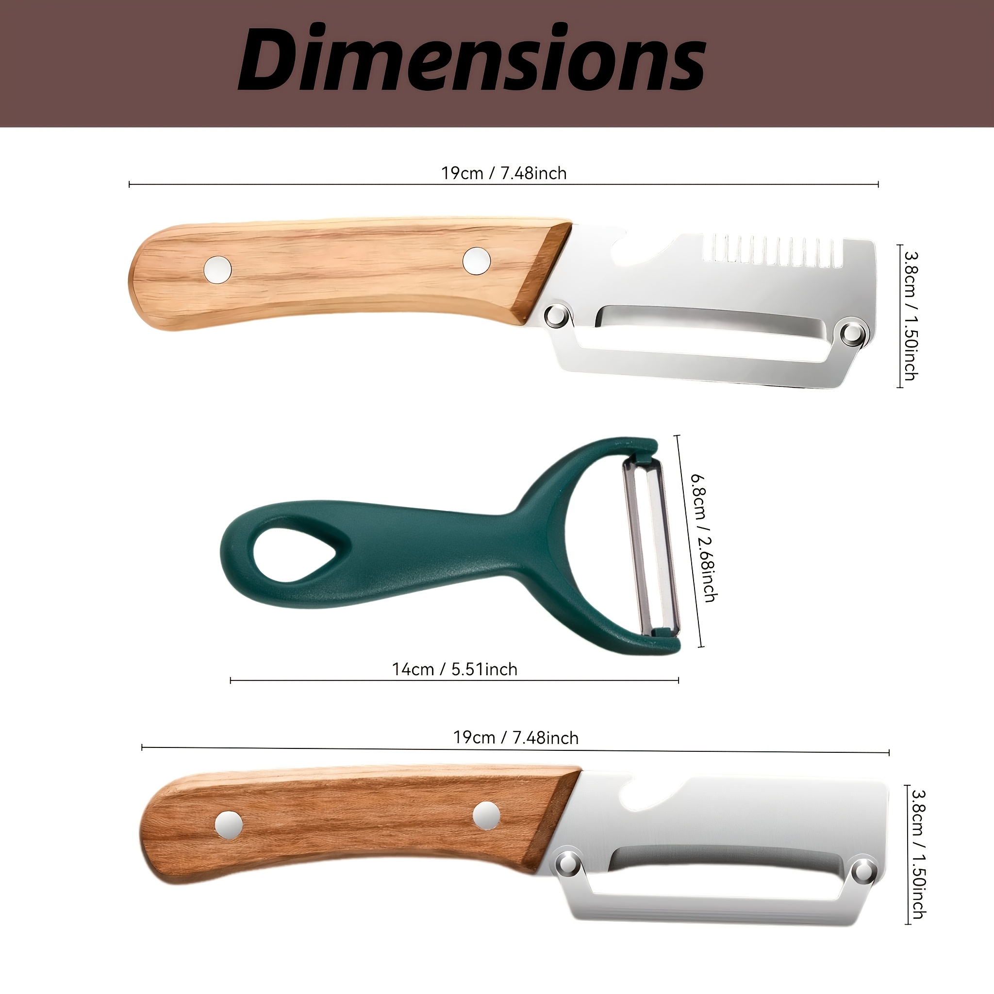 TEMU 3pcs Multi-functional 3in 1 Vegetable Peeler Set, Stainless Steel Blade Wooden Handle Handheld Kitchen Tool, With Julienne Slicer, Peeler &