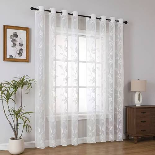 2pcs white pipa leaf curtains lightweight and sheer suitable for school bedroom living room etc