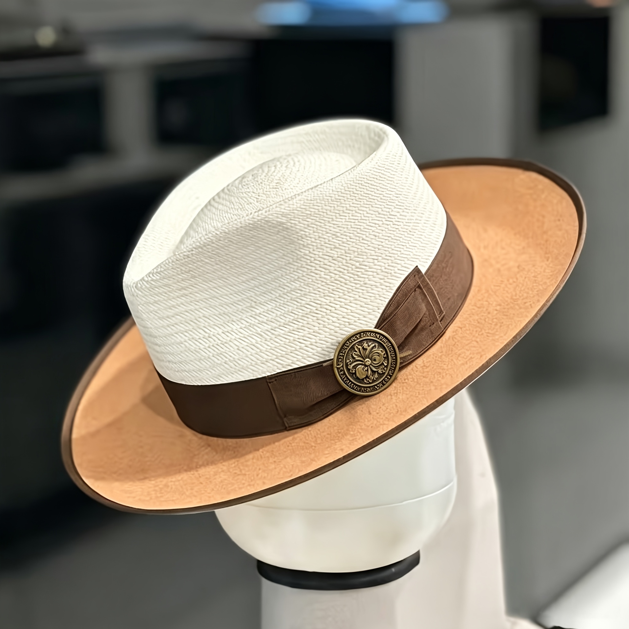 TEMU Adjustable Men's Hat, Hand- Panama Color- Men's Fedora Straw Hat For Spring And Summer, Suitable For Men And Women, Valentine's Day Gift, , Head