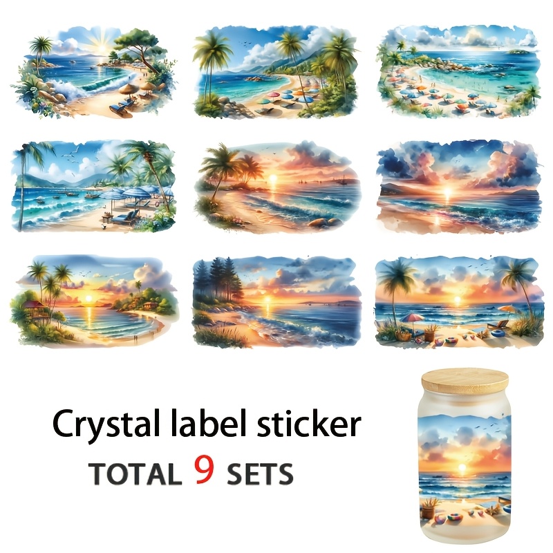 TEMU 9pcs/set Summer Beach Scenery Series Design, 7 Inches X 3.9 Inches, Uv Dtf Heat Transfer Stickers, Cartoon Patterns, Scratch-resistant 3d, Vinyl