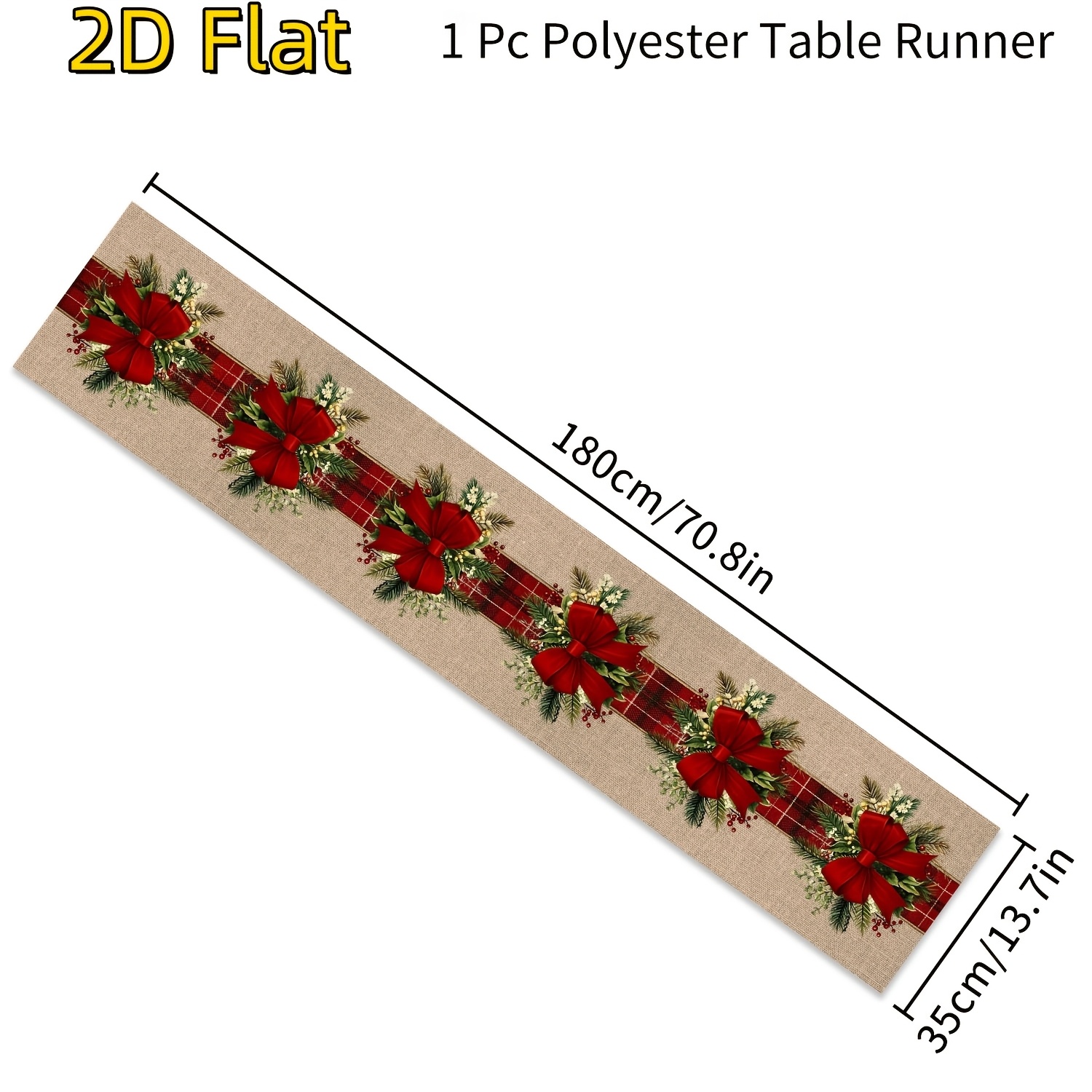 TEMU Nappe, Chemin de table plat 2D de Noël vintage, Chemin de table toile de jute avec nœud rouge, motif de branche de pin et pomme de pin,