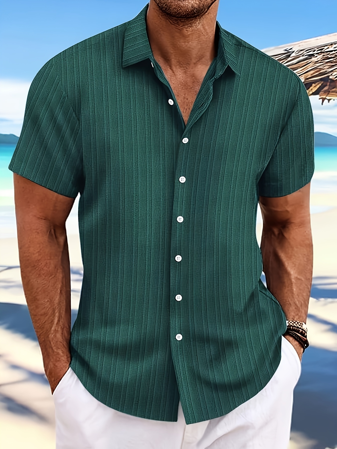 [Resort Casual] Men's Plus Size Casual Solid Blue Button-Up Short Sleeve Shirt - Lightweight Polyester, Ribbed Texture, Machine Washable for Summer Comfort, PLUS SIZE