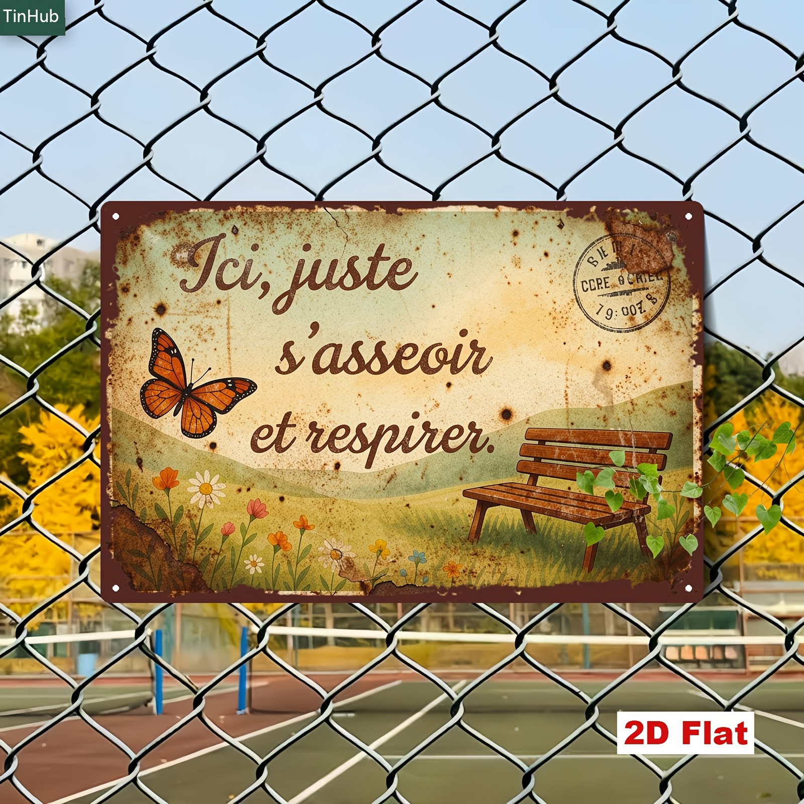 TEMU Panneau Métal 2D Plat, 1pc Slogan Français Vintage, 7.87X11.81Pouces Plaque Décorative en Fer, Paysage Style Français avec Motif Papillon et