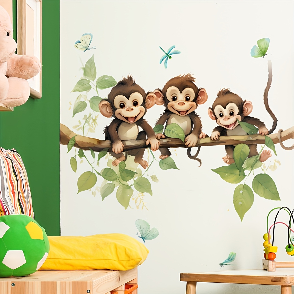 Wall Stickers Featuring Cartoon Forest Animals Like Monkeys, , Butterflies, And Dragonflies For Bedroom Background Decoration