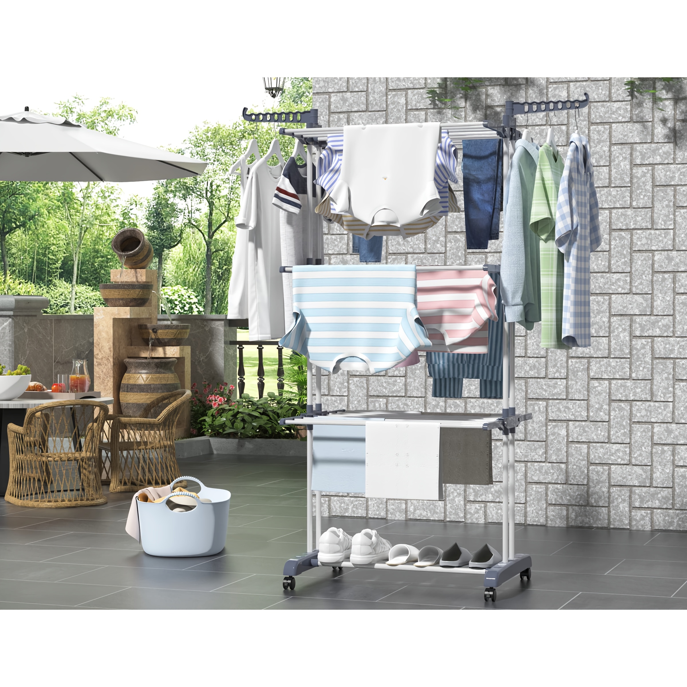 Étendoir à Linge, Grand Étendoir à Linge Pliable en Acier Inoxydable à 4 Niveaux, Étendoir à Linge Mobile, avec 4 Roulettes, 24 Tiges de Séchage et 14 Crochets pour Literie, Vêtements, Gris, Étendoirs
