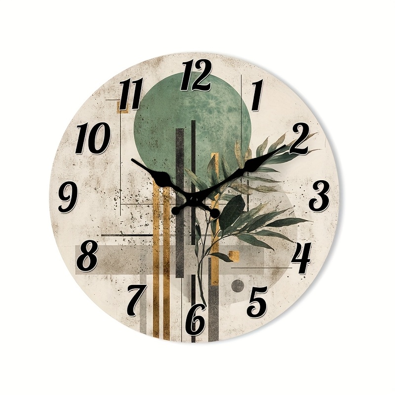TEMU 1pc 2d Flat Wall Clock Non-ticking Wooden, Circular Clock Abstract Botanical Composition Design For Foyer, Kitchen, Home Office, Studio, 10" 12"