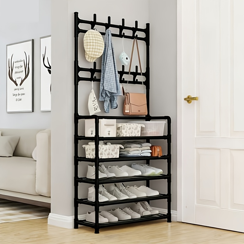Vertical Shelf Minimalist Metal Standing Rack, Compact Wardrobe Storage System for Small Spaces, Reinforced Shoe, Bag, and Coat Hanging Organizer Standing Shelf, Standing Shelf