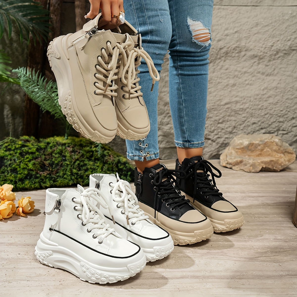 Schuhe Damen Sneaker Hohe Beige Schuhe High Top Plateau Sneaker