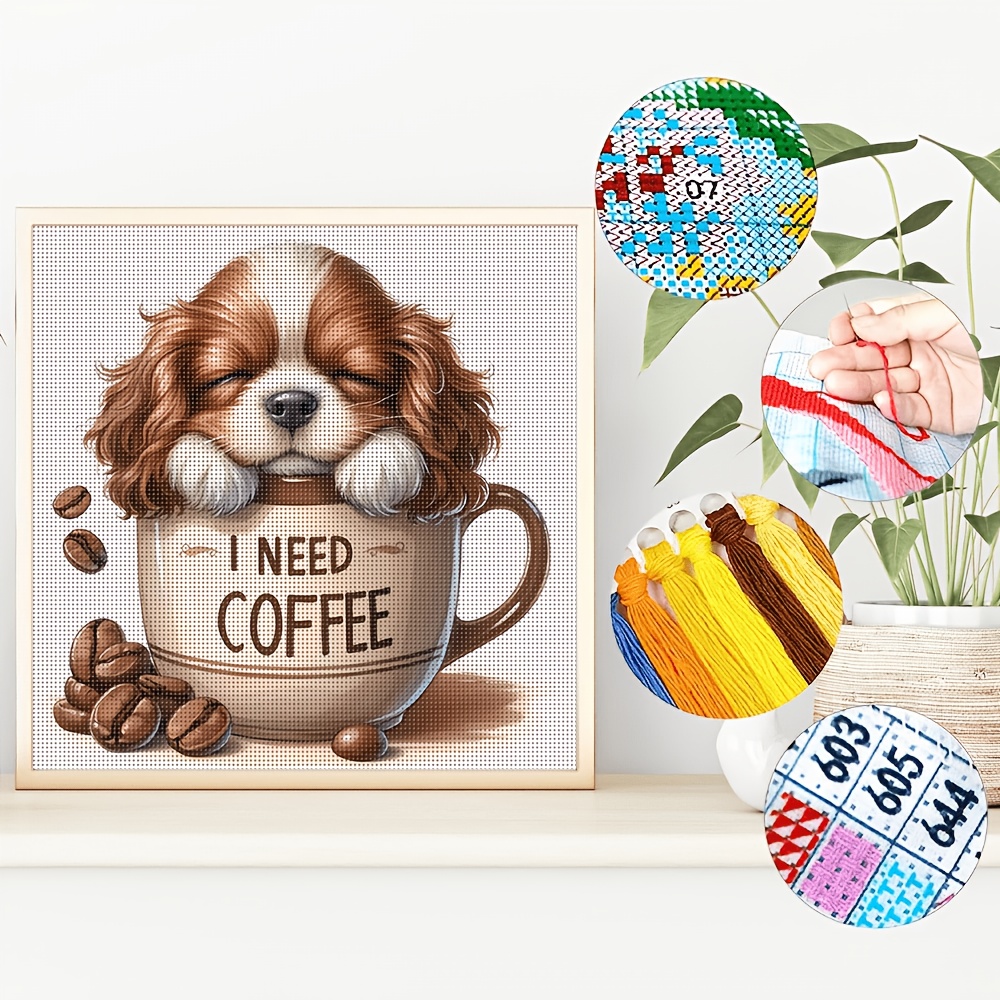TEMU 1 Set Complete Puppy In Coffee Cup Cross- Kit Suitable For Adult Beginners, Diy Craft With Full Tools & 11ct Precision Printing, Frameless