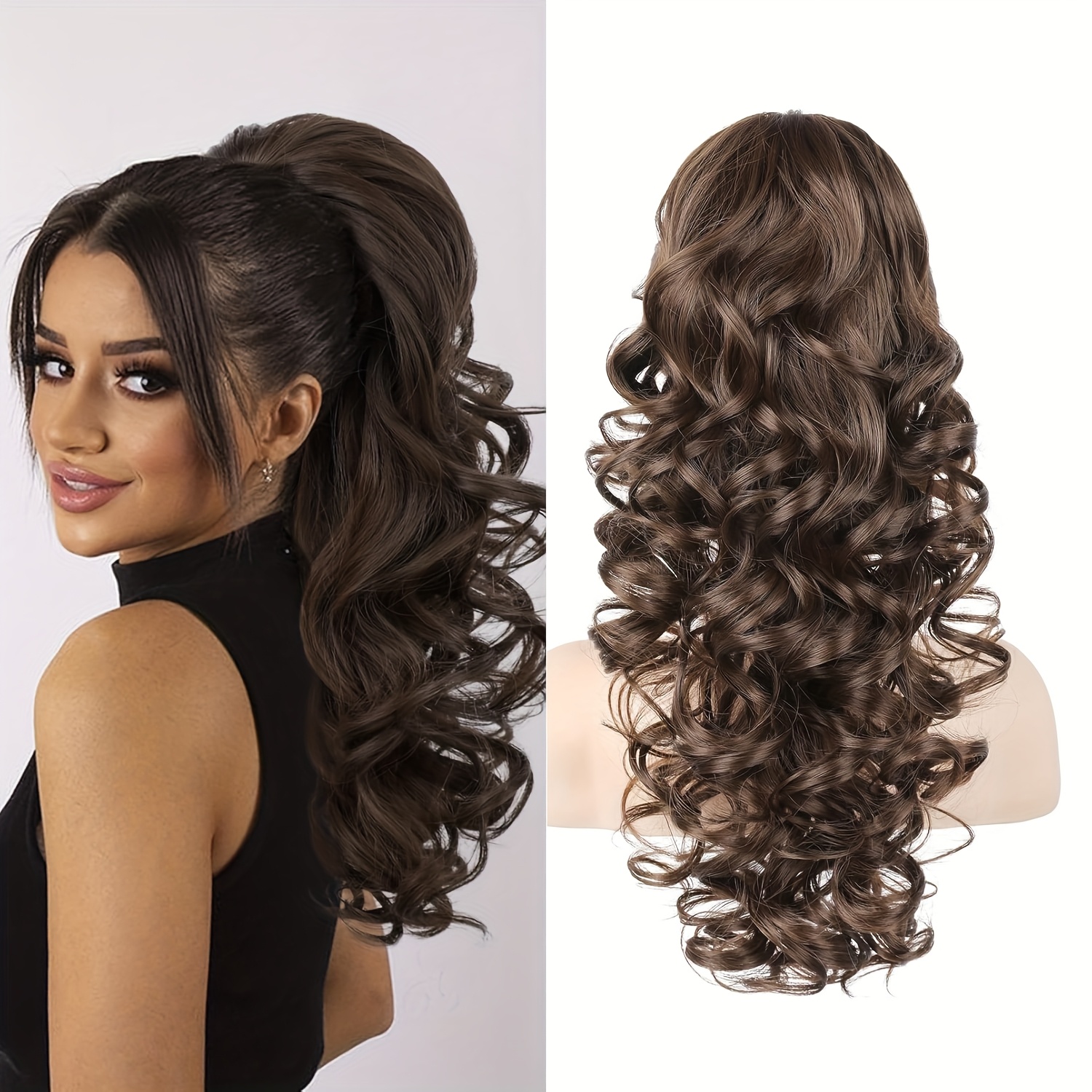 TEMU Ponytail Extension 22" Long Claw Clip Ponytail Extension Curly Wavy Pony Tails Hair Extensions Clip In Synthetic Hairpiece For Women, Brown