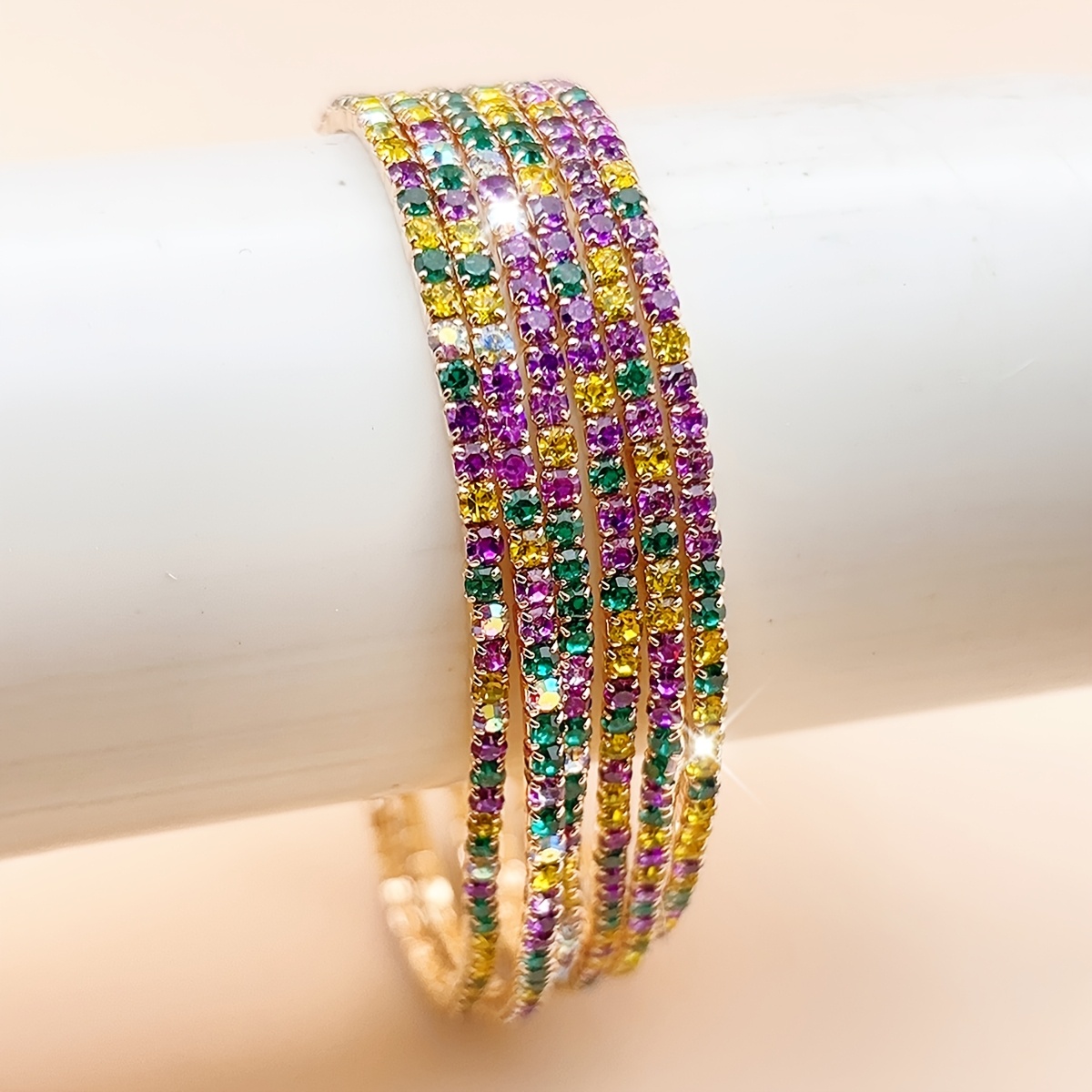 TEMU 6/12/24pcs Carnival Shiny Rhinestone Stretch Bracelet Set, Stacked With Full- Yellow, Purple, Colors, Bracelet For Women, Party Festival Gift,