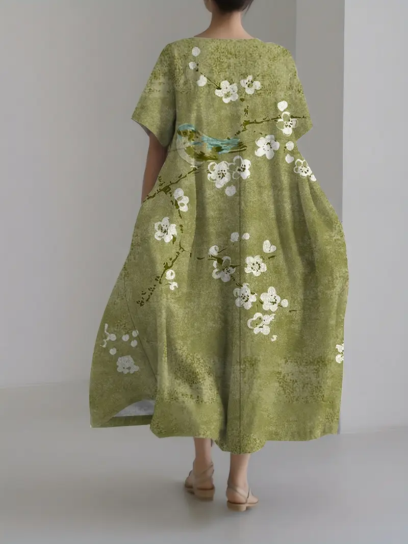 Plus Size, Vintage Floral and Bird * *-size Women's Printed Short-sleeve Pocket Round-neck Dress, Suitable for Outdoor Party Dresses, Elegant Gown Plus Size, Vintage Floral and Bird * *-size Women's Printed Short-sleeve Pocket Round-neck Dress, Suitable for Outdoor Party Dresses, Elegant Gown