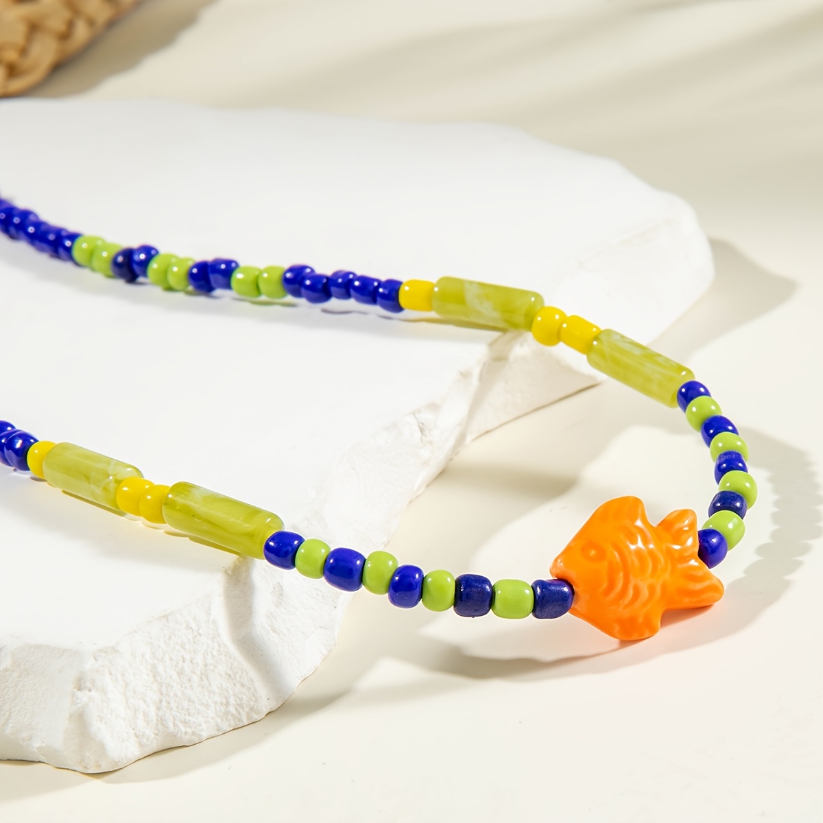 Women's Ceramic Fish Charm Necklace Multicolor Beads Lightweight