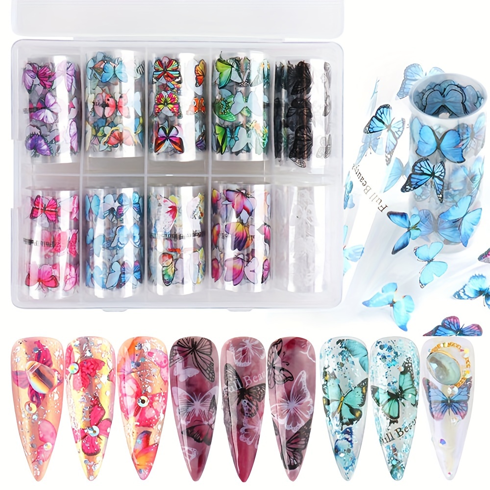 Image of A Box Of 10pcs Of Nail Transfer Foil Stickers, Nail Art Supplies With Colorful Starry Patterns, 3d Stickers For Decorating Nail Tips