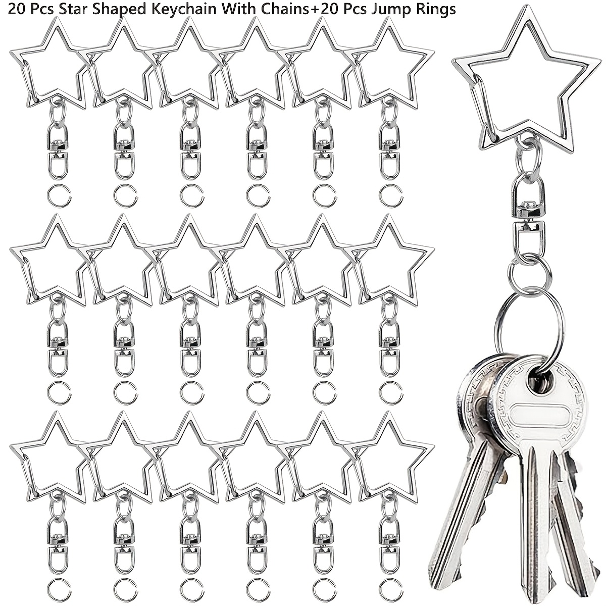 TEMU Star Shaped Spring Keychains, Come With 20pcs Star Clasps With Chain And 20pcs Split Rings(bulk) Metal Swivel Hook Keychains, Perfect For Diy