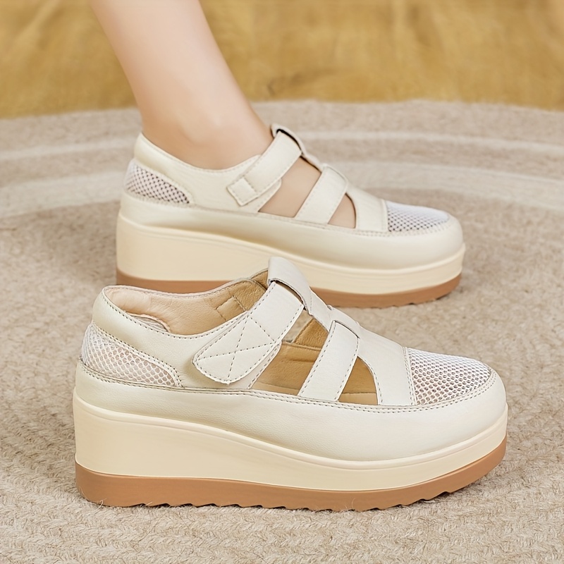 sandalias   transpirables para mujeres - zapatos de cuña de   gruesa y correa de tobillo,   y beige, puntera redonda cómoda para ropa casual 6