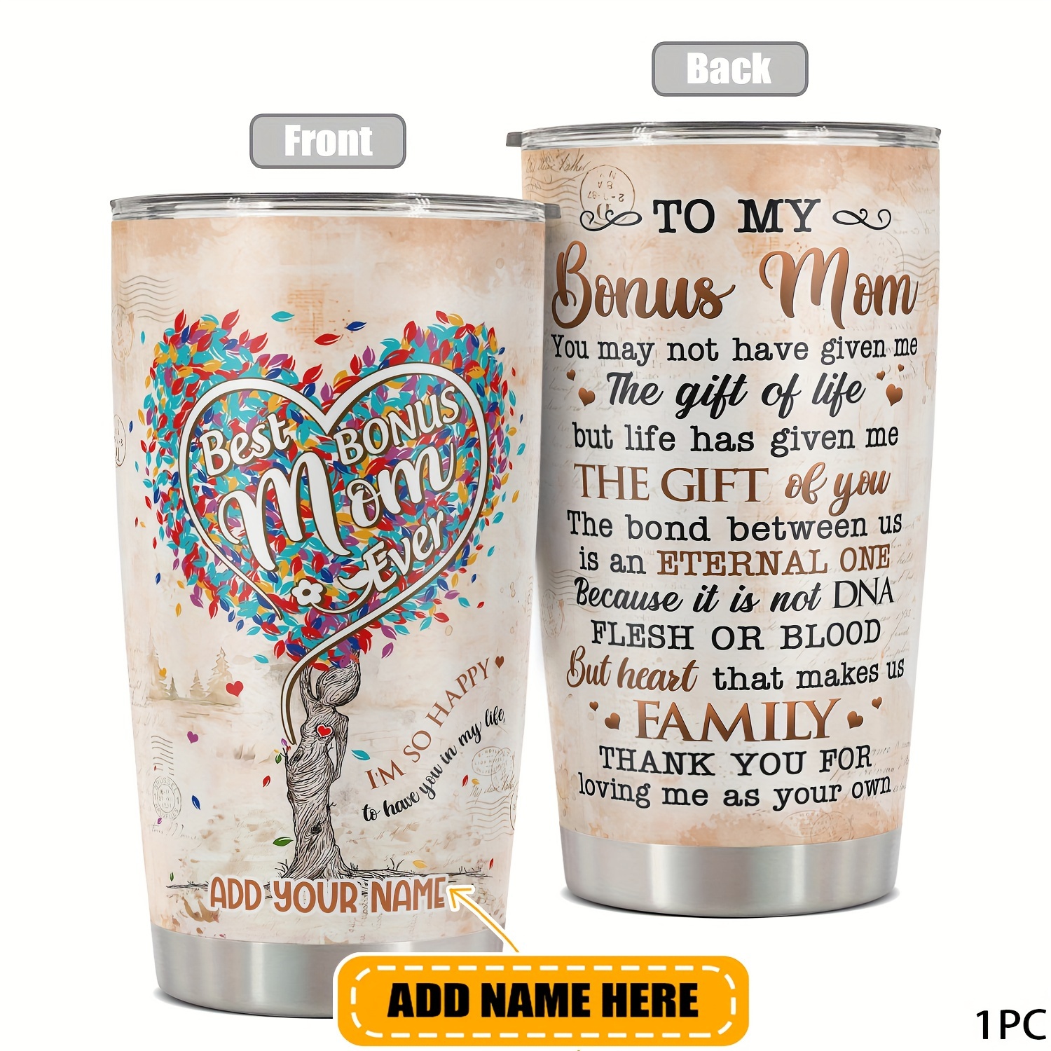 

20oz Metal Tumbler With Lid For Bonus Mom, Personalized Name Insulated Travel Mug, Reusable, Bpa-free, Hand Wash, Break-resistant, Multipurpose Adult Gift For Christmas, Easter, Thanksgiving - 1pc