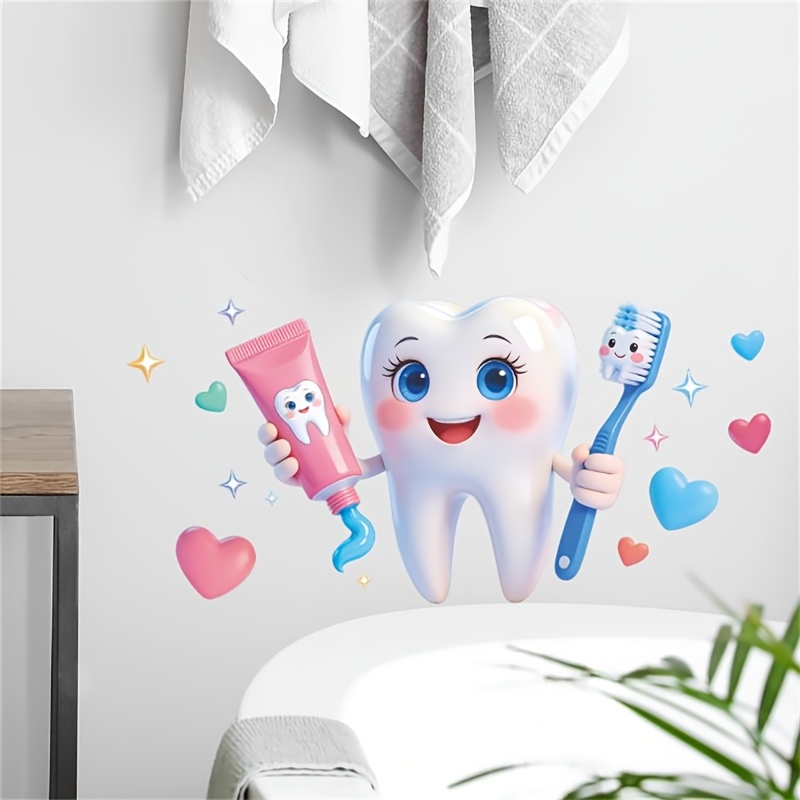 2d Flat Cute Teeth Wall Sticker, Bathroom Toilet Tile Glass Waterproof Mural, Wall Decoration Self-adhesive, Toothbrushing Habit Makeover Wall Sticker