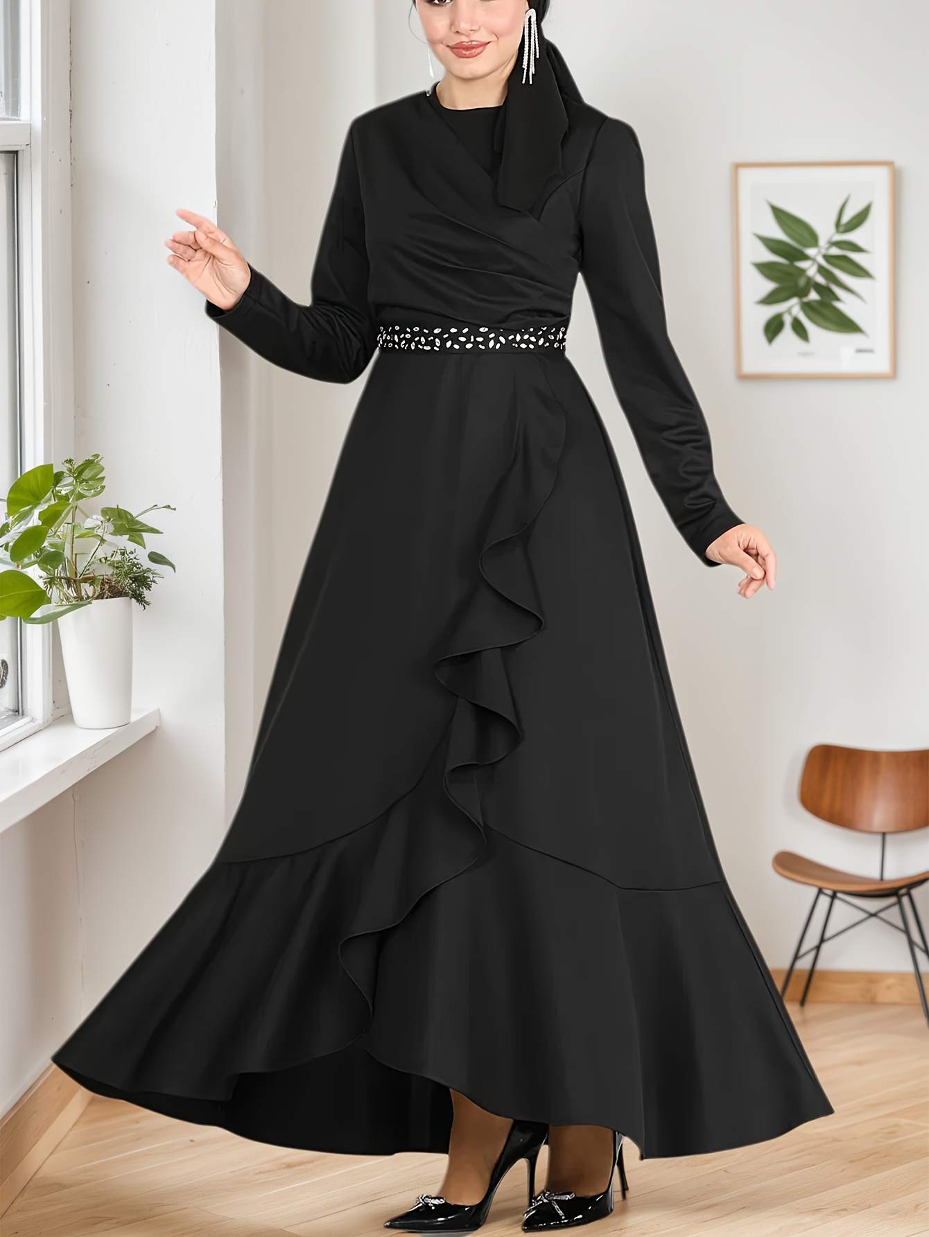 business event formal dress for women Emery Long Satin Long Sleeve Collared Dress Rose / 8