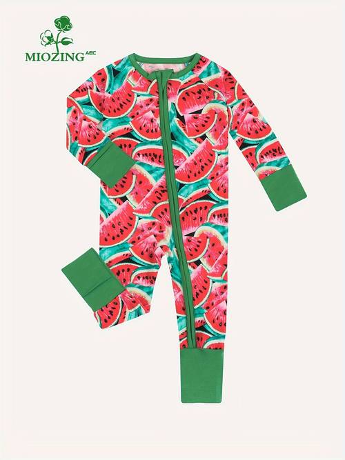 MIOZING Bamboo Fiber Bodysuit For Baby, Watermelon Pattern Long Sleeve Onesie, Infant & Toddler Girl's Romper