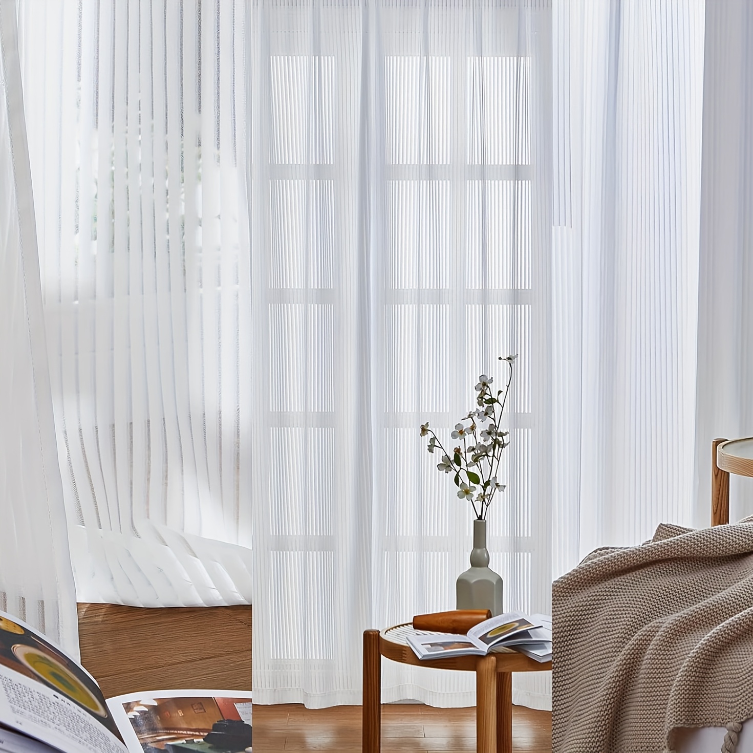 TEMU 2pcs Rideaux Voilages Plissés Transparentes Pare-Soleil avec Crochet Rideaux Blancs pour Salon Chambre Balcon Salle à Manger Décoration de Pièce