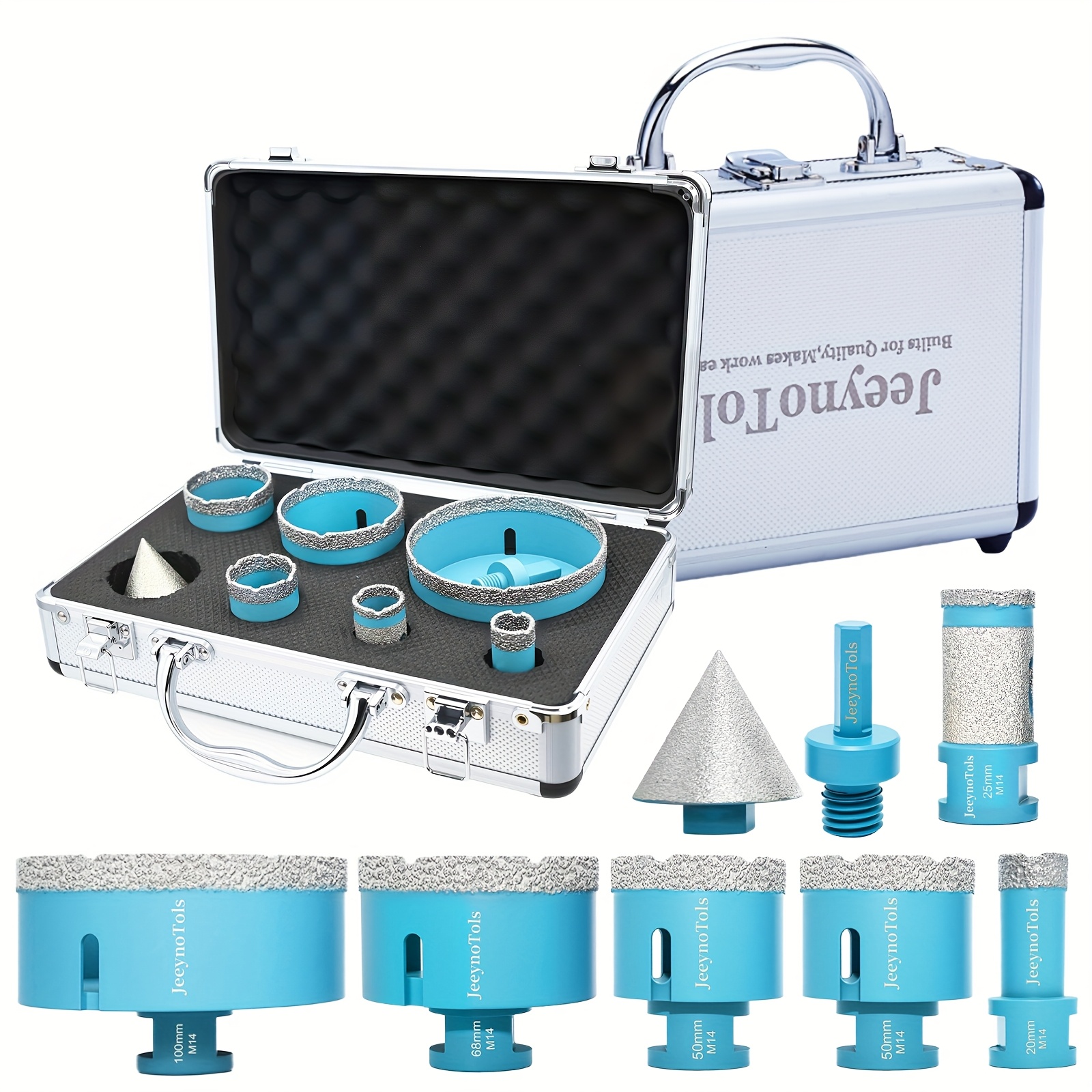 TEMU 8pcs Durable & Quality Diamond Core Drill Bit Set, 20-100mm Drill Bits & 25mm Milling Bit & 50mm Beveling Chamfer Bit & Adapter, Ceramic Tile