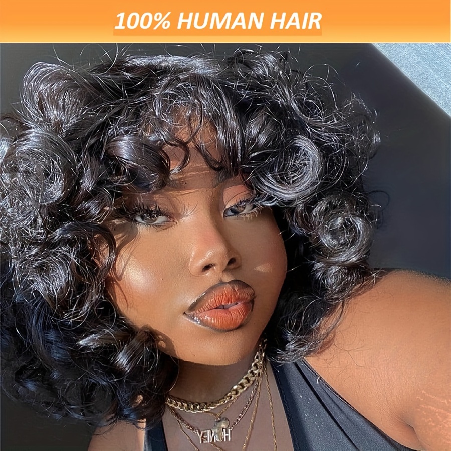 

10 Inch Loose Curly Wig, Human Hair, Cut With Bangs, Breathable Cap, 200% Density, For Women