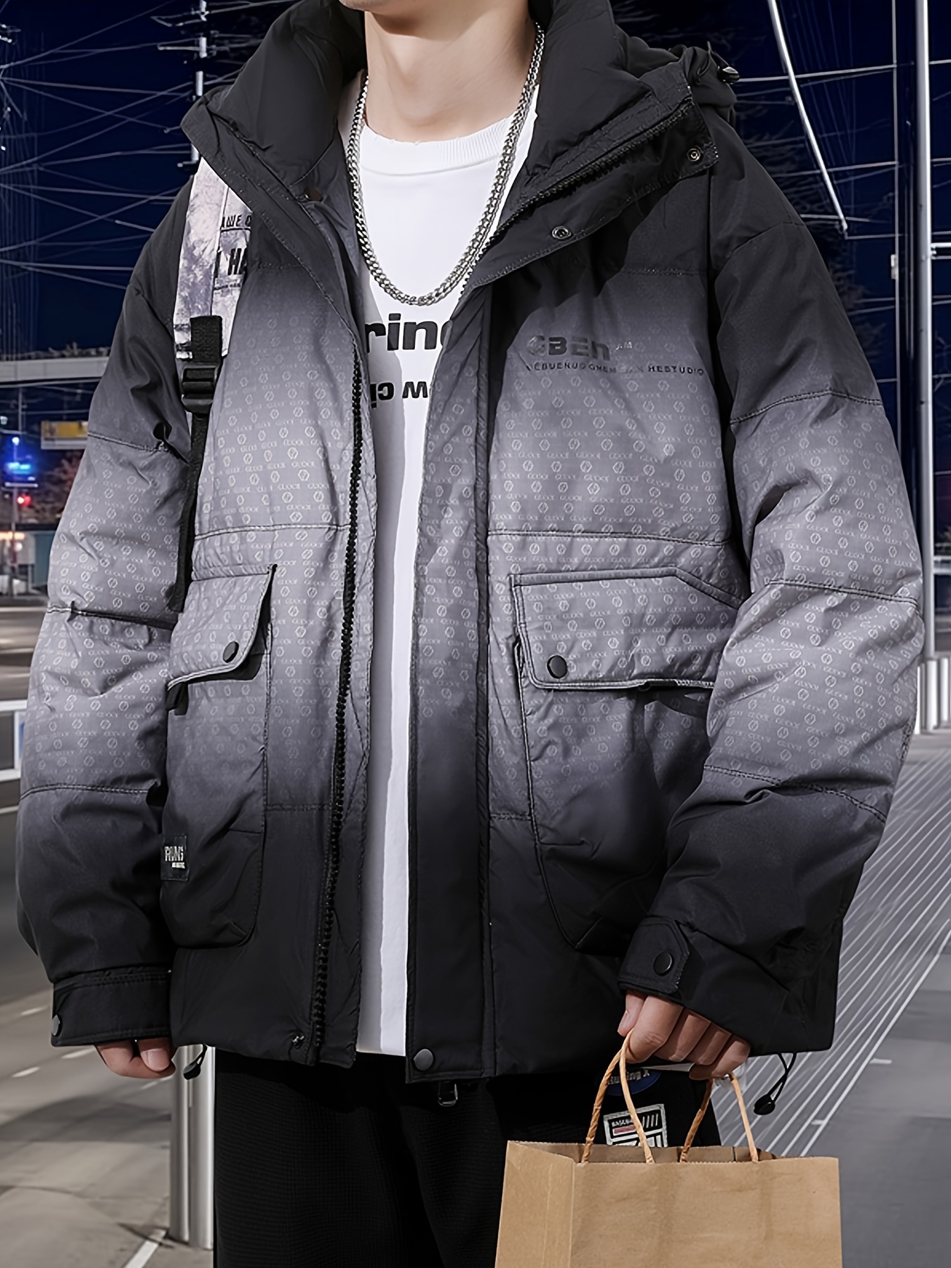 Men's Thick Warm Hooded Down Jacket, Gradient Design