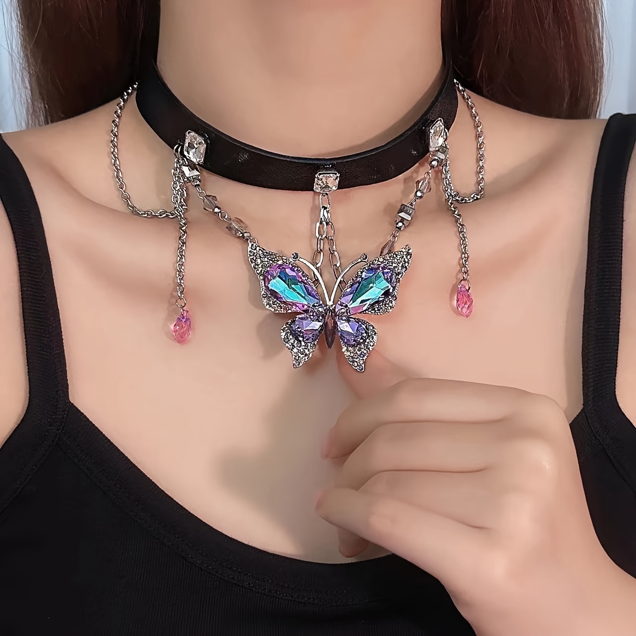 

1 collier ras du cou papillon violet, collier en cuir , accessoire de bijoux en perles à soi-, fournitures d'artisanat d'art pour la fabrication de bijoux à soi-