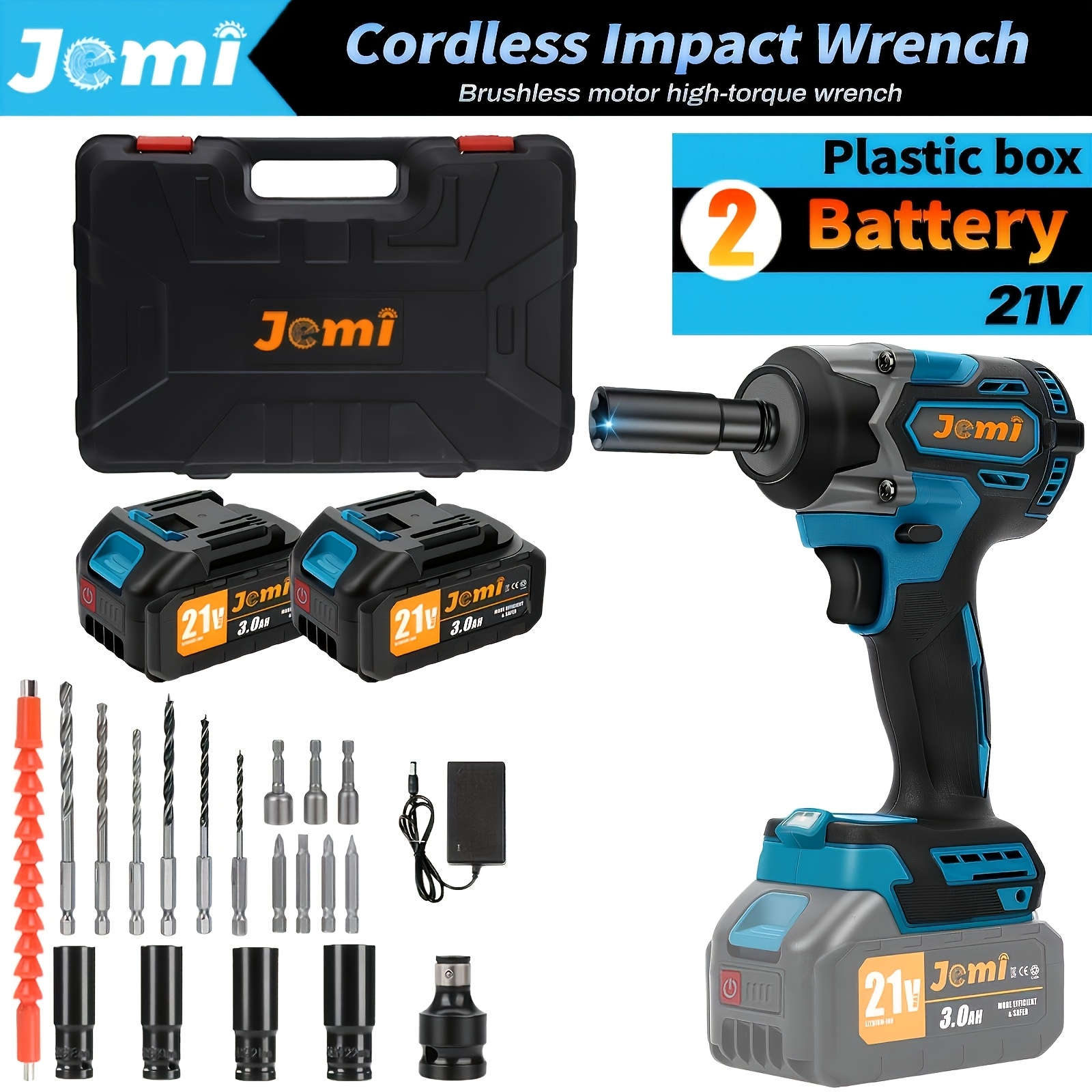 Jemi Tool Electric Impact Wrench With Built-in Led Light, Brushless Motor, 1500 N.m High Torque Handheld Power Wrench, Includes 1/2" 3.0ah Battery And Fast Charger---a Practical Set For Automotive And