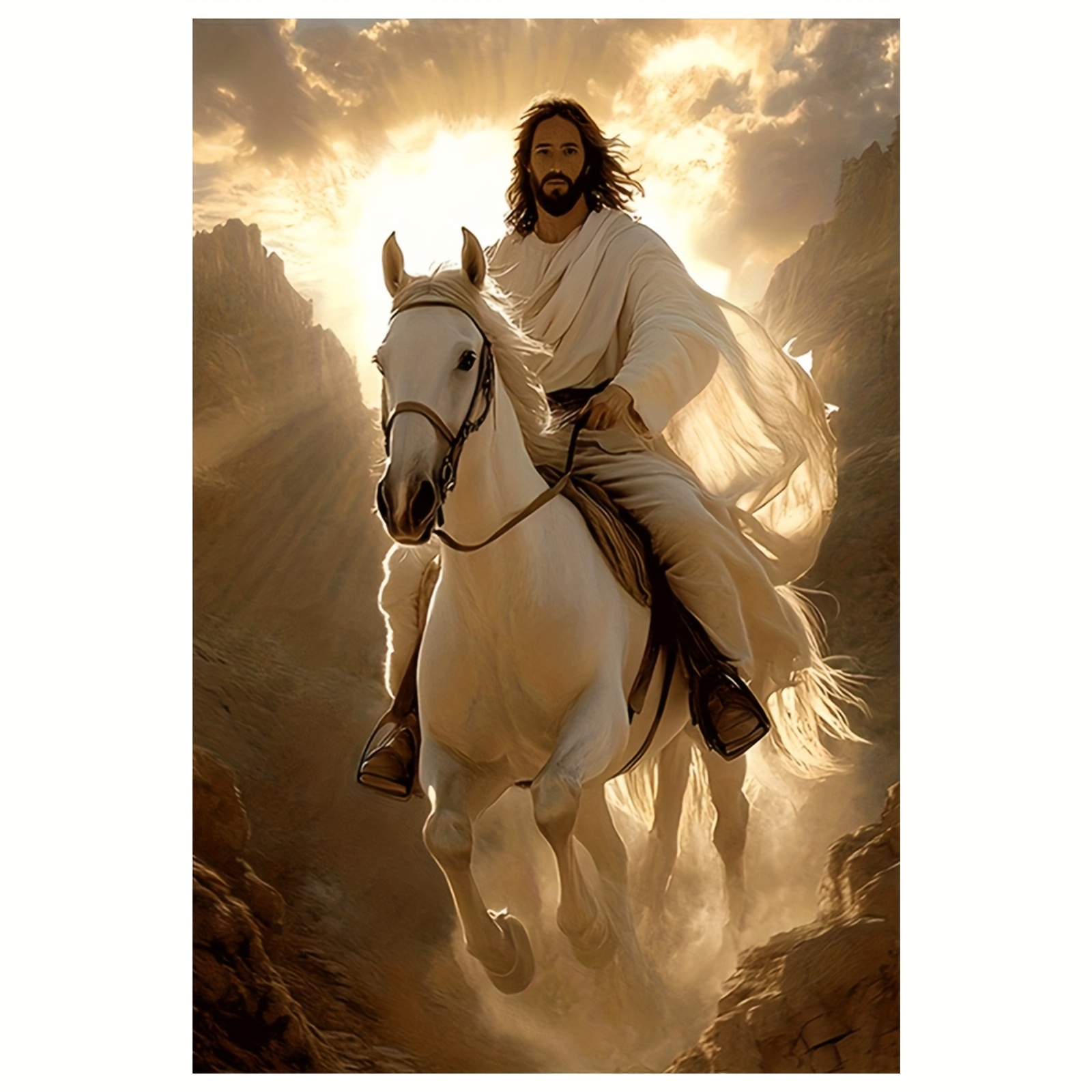 TEMU 1pc Jesus On White Horse Canvas Art Print, Frameless, 30.48x45.72cm, Religious Inspirational, For Living Room, Bedroom, Bathroom, Kitchen,
