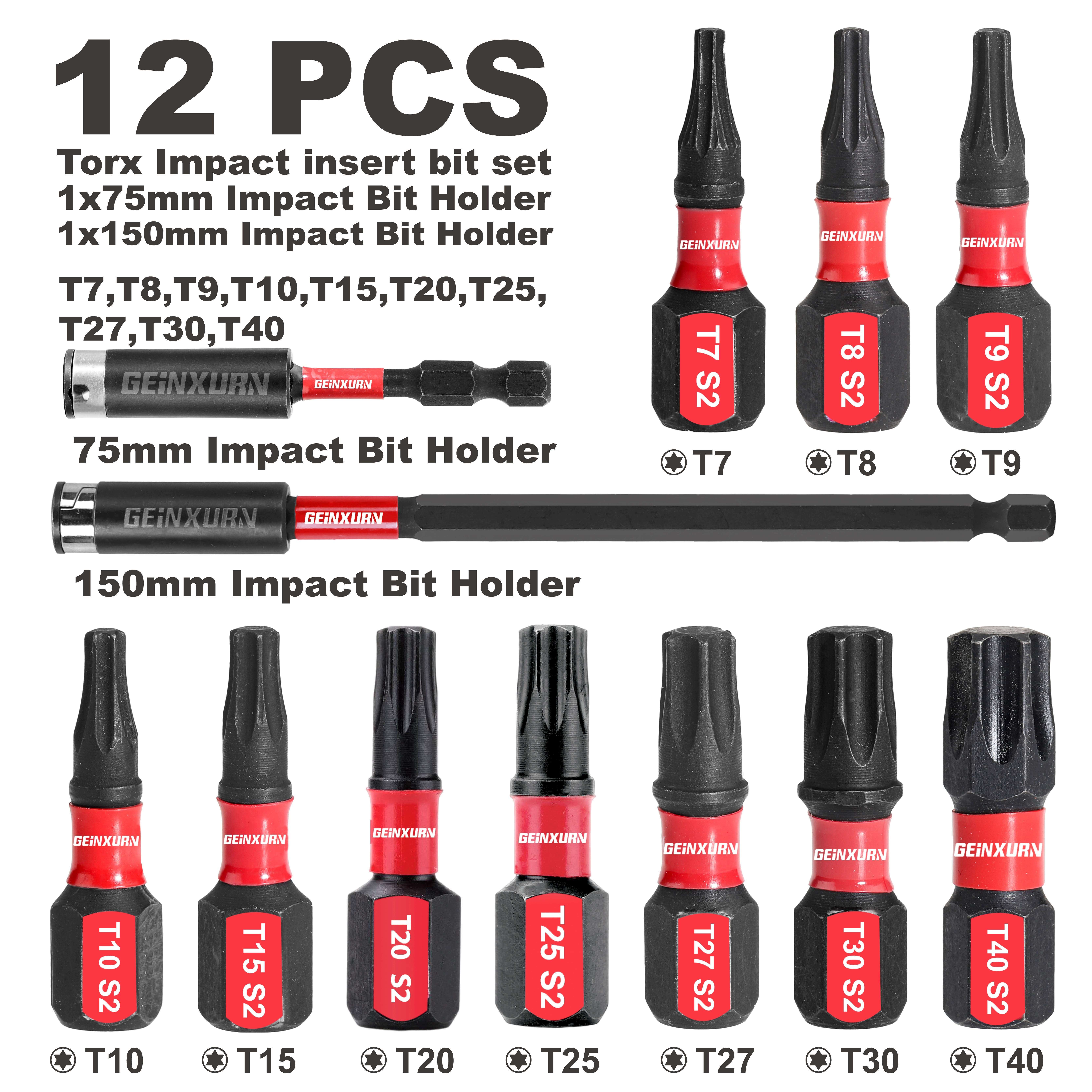 

25mm 1 Inch Torx Impact Batch Bits Set Sleeve, 10x (t7, T8, T9, T10, T15, T20, T25, T27, T30, T40), 75/150mm Joint Rod