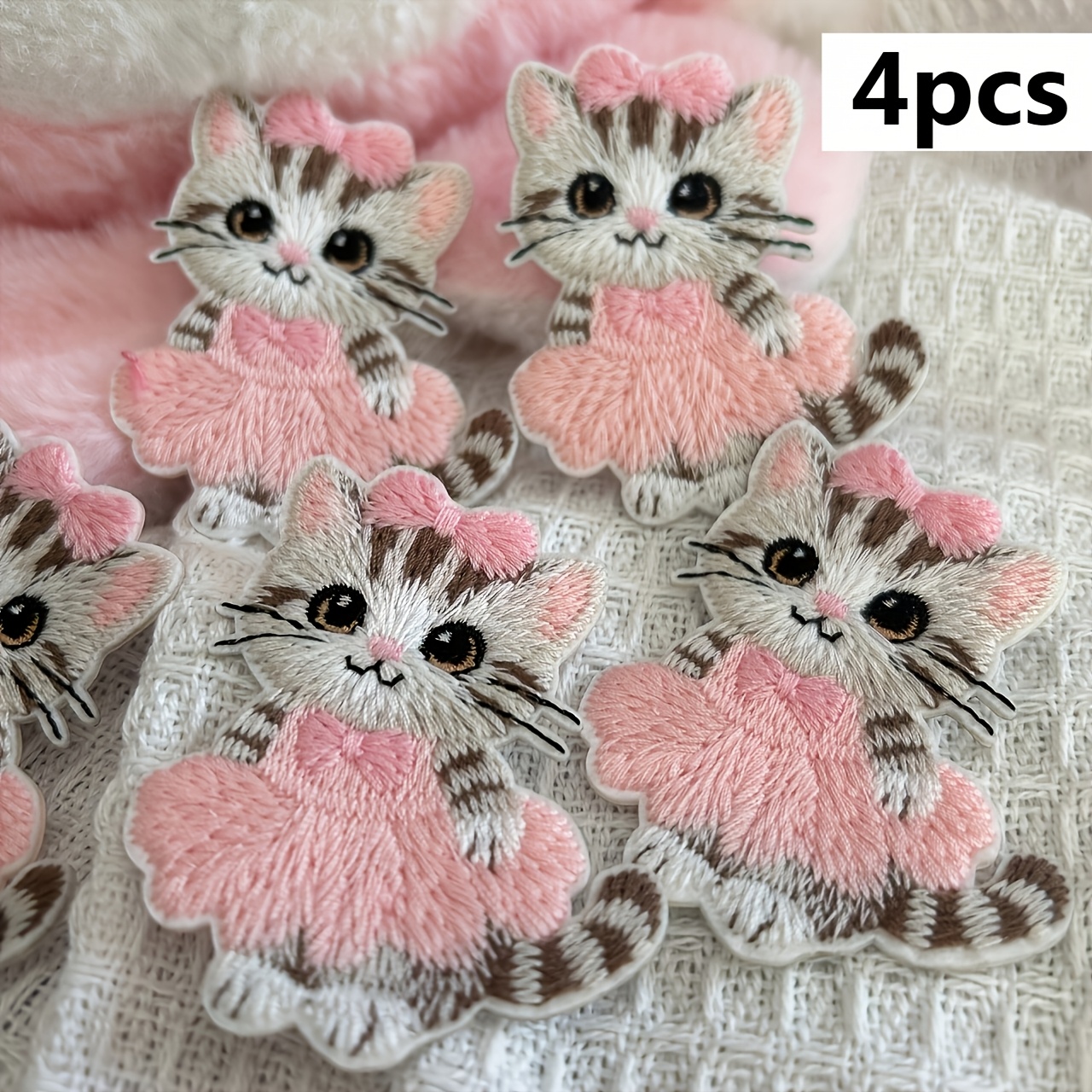 TEMU 4pcs Set Of Pink Kitten Embroidered Patches, Animal Embroidery Cloth Patches, With Self-adhesive Design, Small And Exquisite, Durable Material,
