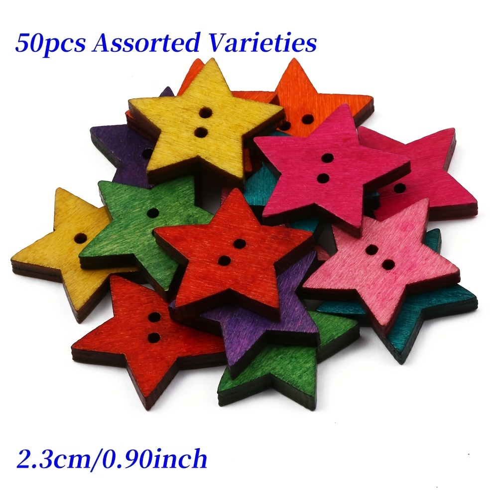 TEMU 23mm Colorful Pentagram Random -hole Wooden Buttons, 50pcs Per Pack, Suitable For Handmade Sewing Clothing Additions, Wooden Decorative Buttons