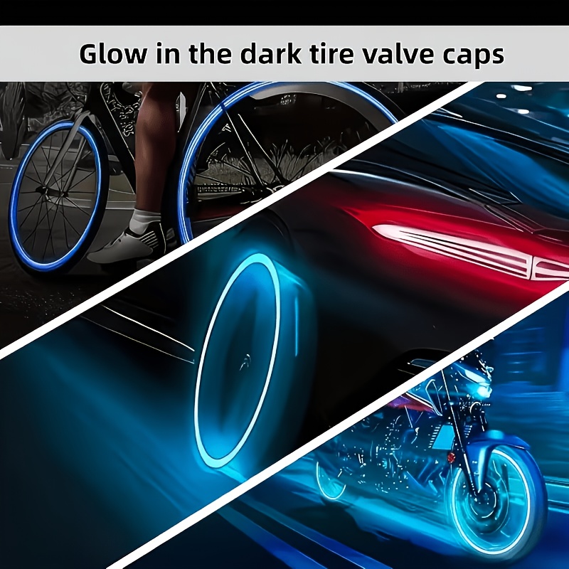 Tapones de válvula de neumáticos fluorescentes que brillan en la oscuridad, nueva versión mejorada, juego de tapones de válvula fluorescentes, tapones de válvula universales para vehículos de material duradero, aptos para todo tipo de vehículos, incluidos coches, motocicletas, bicicletas, camiones